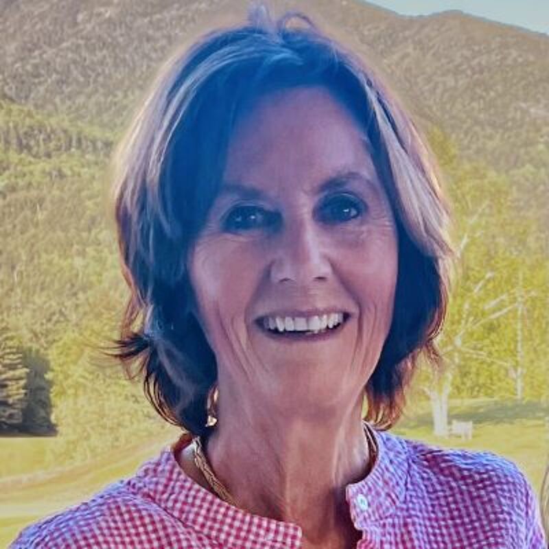 The image shows a woman with short brown hair and a warm smile. She is wearing a pink and white checkered shirt and a delicate gold necklace. The background features a blurred landscape with mountains and trees, suggesting an outdoor setting. The woman appears to be in her late middle age, with visible wrinkles adding to her natural appearance.